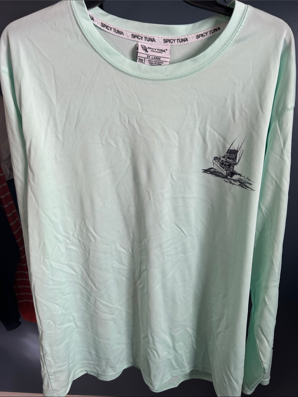 Men's Performance Mint Long-Sleeve Shirt - Small Boat Graphic by Spicy Tuna